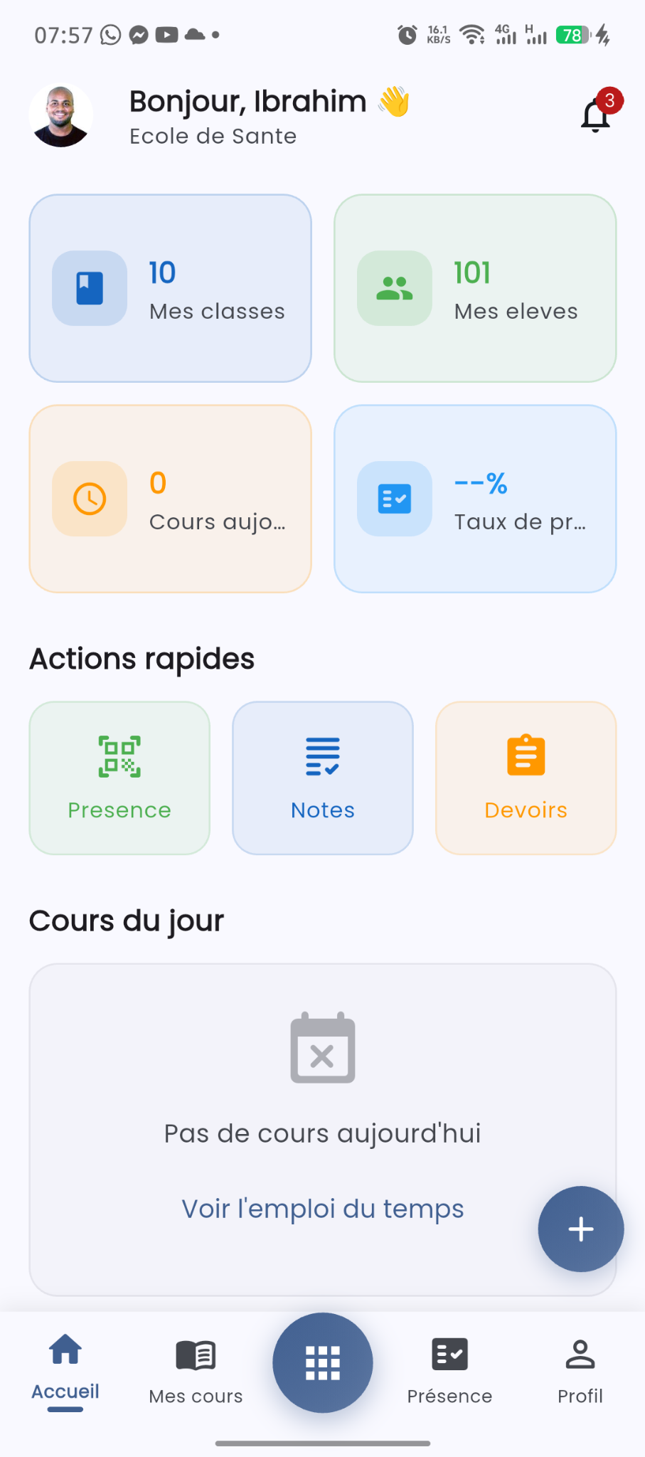 Tableau de bord mobile enseignant